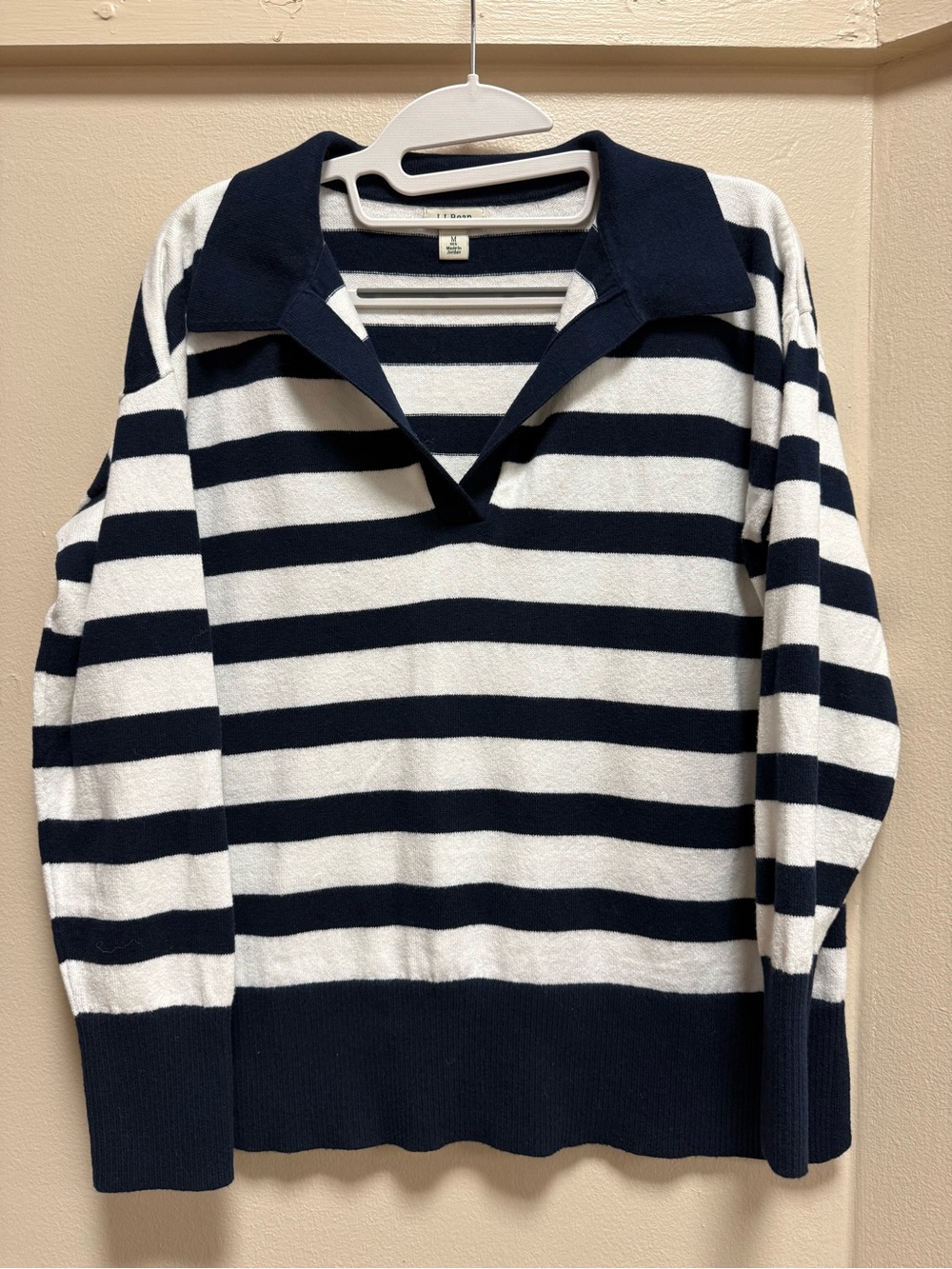 L.L.Bean Navy Cream Striped Johnny Collar Nautical Cotton Cashmere Sweater M